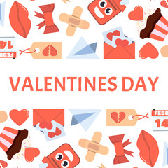 valentines day elements background. cartoon romantic love February party celebration, hearts lips love sweets letters envelope ring gift boxes. vector cartoon minimalistic flat horizontal background.
