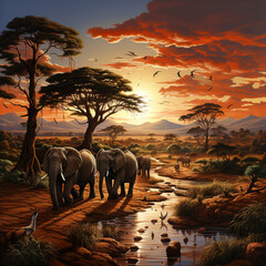 Fototapeta na wymiar sunset, elephant, animal, silhouette, safari, tree, nature, landscape, sun, sky, wildlife, wild, elephants, animals, vector, illustration, ai