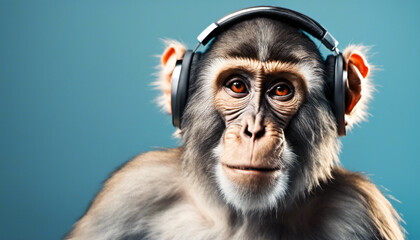 close up of a baboon listening to music