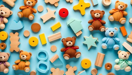 Baby kids toy pastel blue background. Teddy bears, colorful wooden educational, sensory, sorting and stacking toys for children on light blue background. Top view, flat lay