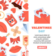 valentines day elements background. hearts lips love sweets letters envelope ring gift boxes, cartoon romantic love 14 February party celebration. vector cartoon minimalistic flat vertical background.