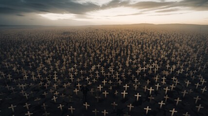 Obraz premium a cemetery from a drone's perspective, revealing millions of crosses extending for miles, the profound nature of remembrance and honor in this aerial view.