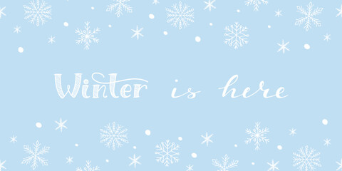 Winter snowy holiday background with copy space. White doodle hand drawn snowflakes frame on a blue background. Christmas vector illustration