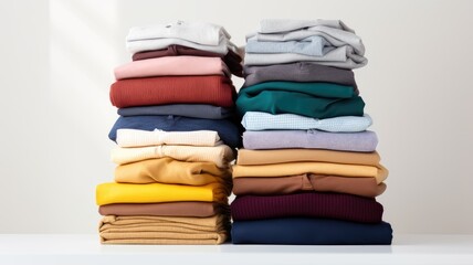 neatly folded clothes, assorted colored shirts, sweaters, and pants, on a table against a crisp white wall background, a close up shot with ample copy space.
