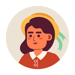 Summer hat woman caucasian pretty smiling 2D vector avatar illustration. Headshot casual european young cartoon character face portrait. Relaxed pose flat color user profile image isolated on white