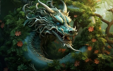 Fototapeta na wymiar An Eastern dragon with scaly armor, gracefully winding among trees and vines, representing the harmony of nature.