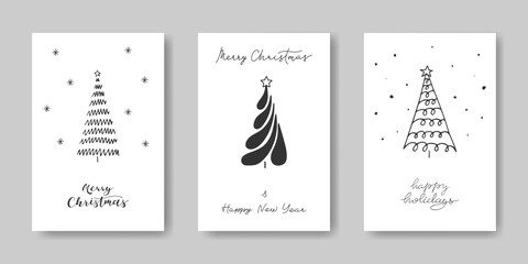 Set of hand drawn cute winter backgrounds. Doodle Christmas cards. Black and white minimal line art illustration with hand lettering text