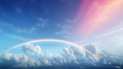 In this realistic 3D render, a rainbow stretches across the sky after a passing storm, its vibrant colors creating a moment of awe and wonder