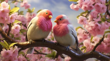 This 3D-rendered image showcases a pair of lovebirds perched on a blossoming cherry tree branch