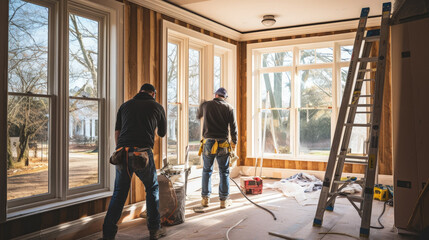 Home Renovation: Contractors working on interior upgrades in a bright room - obrazy, fototapety, plakaty