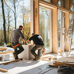 Construction Progress: Two professionals installing windows in a home remodel