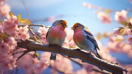 This 3D-rendered image showcases a pair of lovebirds perched on a blossoming cherry tree branch