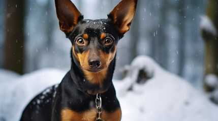 Cute pinscher dog in a winter forest during a blizzar snow all around a Christmas card. Generative AI