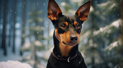 Cute pinscher dog in a winter forest during a blizzar snow all around a Christmas card. Generative AI