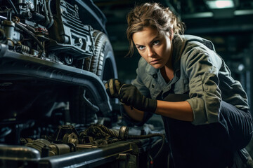 A female mechanic under a car, performing intricate repairs and ensuring the vehicle's optimal functionality.