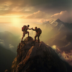 Mountain Brotherhood: Two hikers on the summit with a backdrop of rising sun