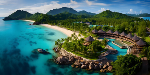 Beautiful island resort hotel with blue water and palm trees, top view