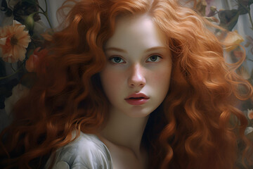 Radiant in Red: Portrait of a Beautiful Red-Headed Young Woman Against a Floral Wall