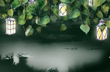 Beautiful watercolor vintage lantern and greenery branches background. Hand drawn lanterns design. Spring concept. Garden theme flora illustration.