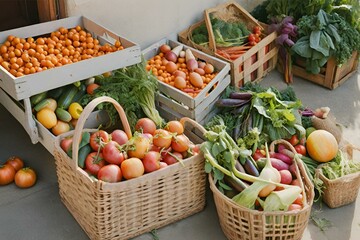 Fresh Fruits and Vegetables in baskets and crates, Vegetables in crates, Fresh Vegetables