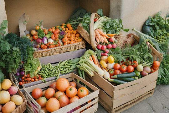 Fresh Fruits and Vegetables in baskets and crates, Vegetables in crates, Fresh Vegetables