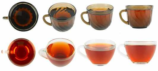 Cup of black tea from different angles isolated on white