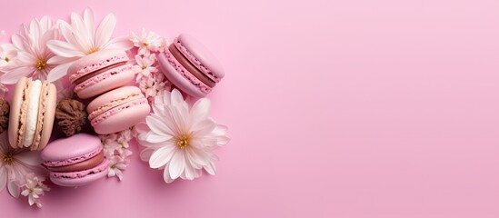 Assorted macarons with a waffle cone against a pink backdrop and flowers in the distance
