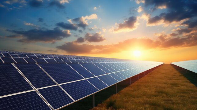 View of a long line of solar panels at sunset.