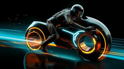 the rider in futuristic armor rides his motorcycle on the street