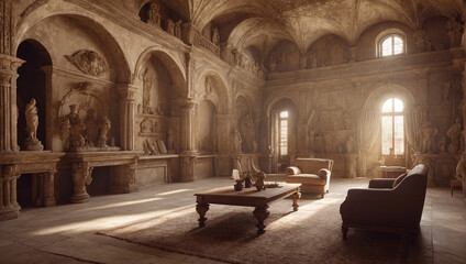 Locked Mysteries, Unknown Opulence in Historic Places. Interior of an Old Castle with sculptures everywhere. AI Generated - obrazy, fototapety, plakaty