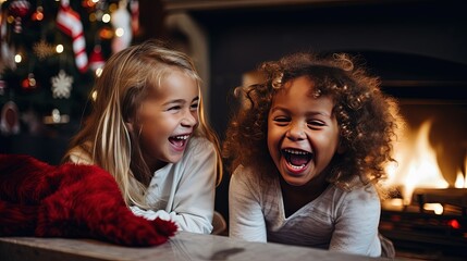 two girls laugh together in cozy house at winter night Christmas time, fireplace  in living room, happiness life, Generative Ai