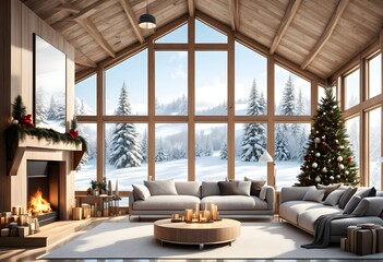 Fototapeta premium Modern living room Christmas design. Christmas living room. Cozy and Warm Christmas Feeling. Christmas Fireplace. Christmas Interior. Generative AI. 
