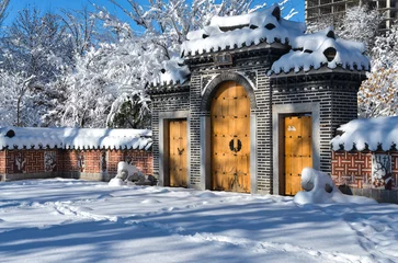 Gordijnen snow on traditional Korean style gates in Seoul National park during winter season (Tashkent, Uzbekistan) © ssmalomuzh