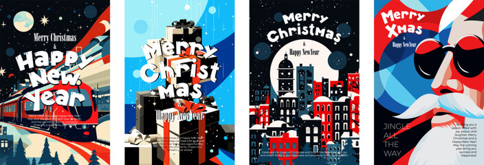 Merry Christmas and Happy New Year poster. Xmas holiday eve abstract banner. Joyful celebration print. Winter modern city, polar express and Santa Claus. Creative art drawing cover vector eps design