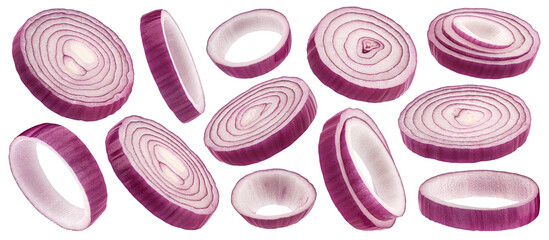 Red onion rings isolated on white background, full depth of field - obrazy, fototapety, plakaty