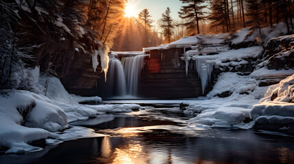 Partially Frozen Waterfall - obrazy, fototapety, plakaty