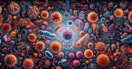 Virus, Antibodies and viral infection under the microscope. The body's immune defense. Antigens 3D illustration - obrazy, fototapety, plakaty