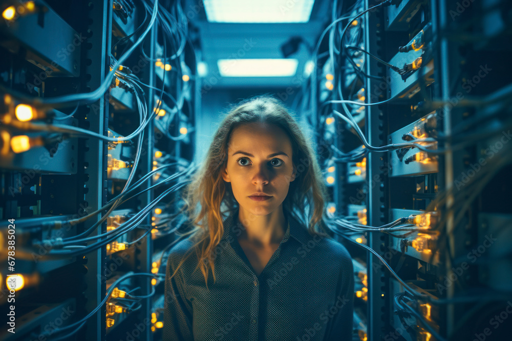 Poster a professional shot of a female it professional in a server room, managing complex networks and trou