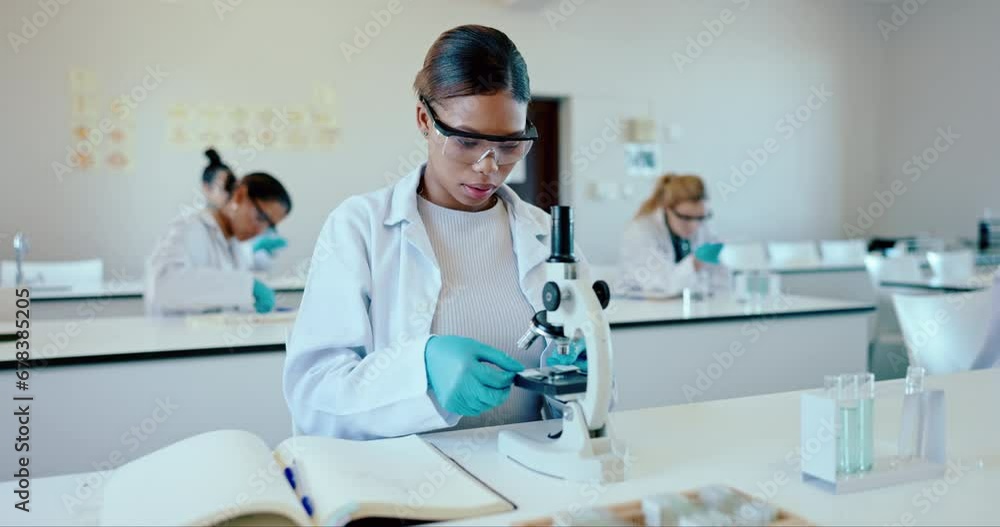 Aufkleber woman, science and notes with microscope, university and education to learn, sample analysis and exp