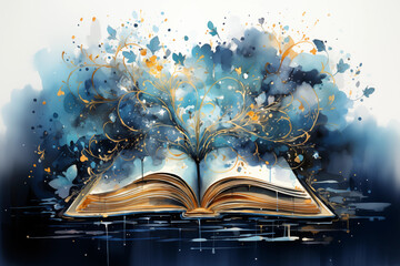 Open book with magical blue gold effects in watercolor style - obrazy, fototapety, plakaty