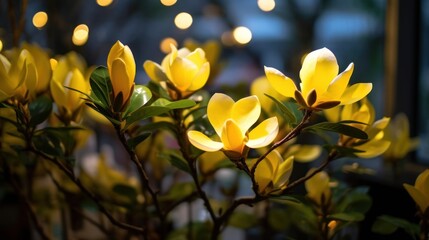 Beautiful yellow magnolia flowers in the garden with bokeh background. Springtime Concept....