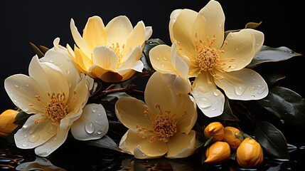 Fototapeta na wymiar Beautiful yellow lotus flowers with water drops isolated on black background. Springtime Concept. Valentine's Day Concept with a Copy Space. Mother's Day.