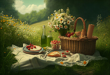 Picnic in the meadow. AI Generated