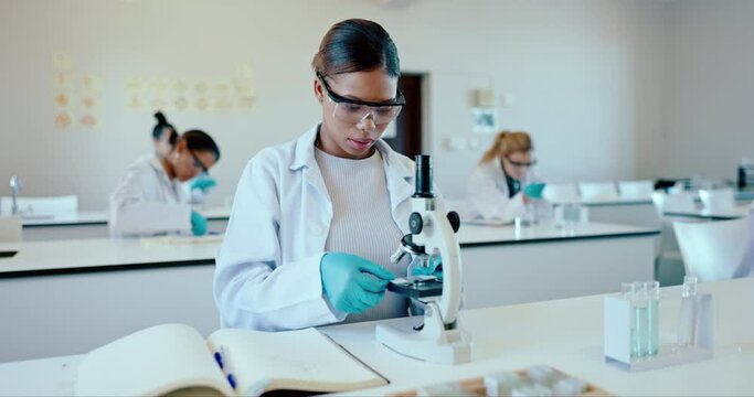 Woman, science and notes with microscope, university and education to learn, sample analysis and experiment. Research, innovation in class and academic growth for student scientist and investigation