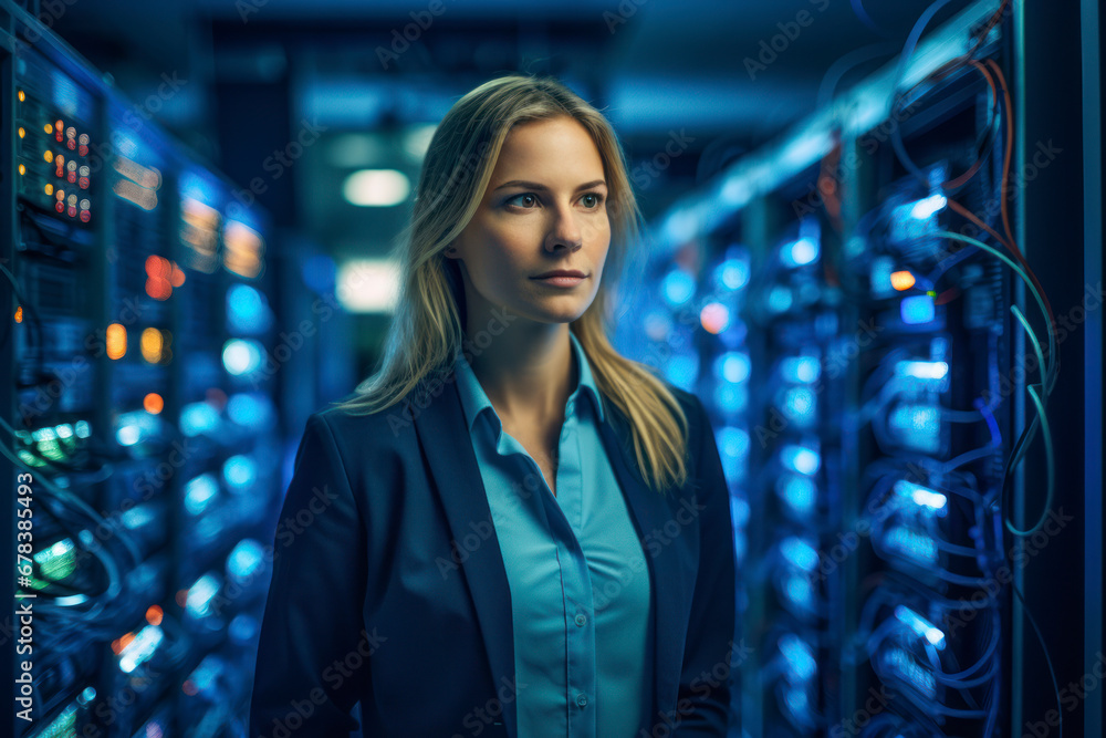 Poster a professional shot of a female it professional in a server room, managing complex networks and trou