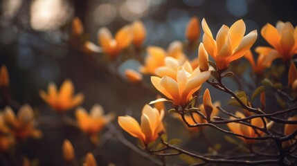 Beautiful yellow magnolia flowers blooming in the spring garden. Springtime Concept. Valentine's...