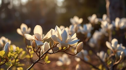 Beautiful white magnolia flowers on a tree branch in the sunlight. Springtime Concept. Valentine's Day Concept with a Copy Space. Mother's Day.