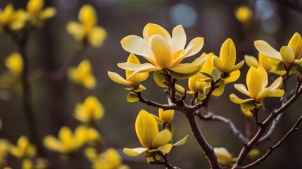 Yellow magnolia flowers in the spring forest. Beautiful nature background. Springtime Concept. Valentine's Day Concept with a Copy Space. Mother's Day.
