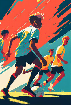 A group of teenage kids play soccer in animated style. AI Generated
