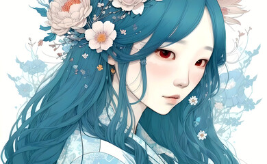 Beautiful asian girl portrait with long hair and spring flowers illustration, pastel colors copy space white background.	